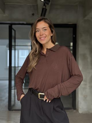 Çilek Kumaş Polo Yaka Transpara Bluz Kahverengi