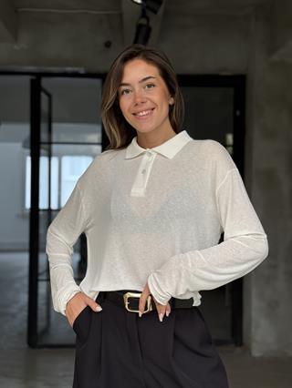 Çilek Kumaş Polo Yaka Transparan Bluz Beyaz