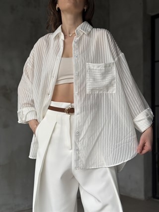 Çizgili Oversize Gömlek - Beyaz