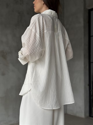 Çizgili Oversize Gömlek - Beyaz