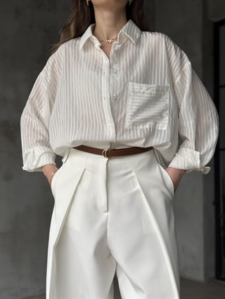Çizgili Oversize Gömlek - Beyaz