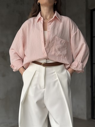 Çizgili Oversize Gömlek - Pembe