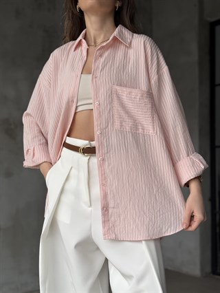 Çizgili Oversize Gömlek - Pembe