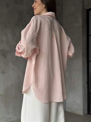 Çizgili Oversize Gömlek - Pembe