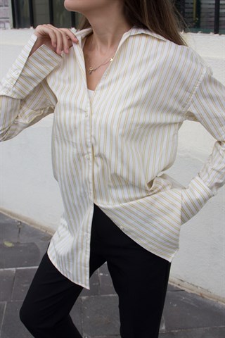 Çizgili Oversize Gömlek - Sarı