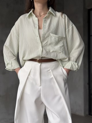 Çizgili Oversize Gömlek - Su Yeşili