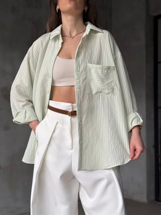 Çizgili Oversize Gömlek - Su Yeşili
