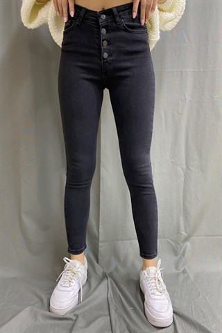 Çok Düğmeli Skinny Jean - Füme