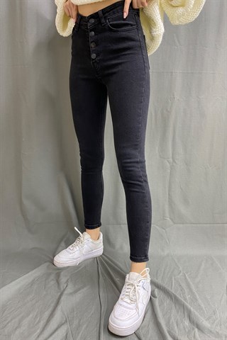 Çok Düğmeli Skinny Jean - Füme