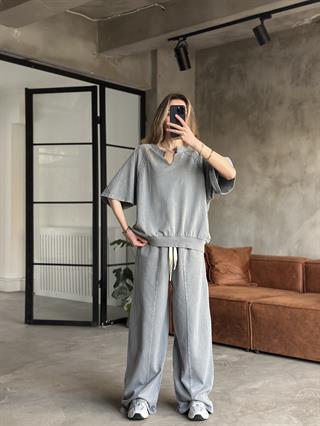 Dantel Detay Yıkamalı Oversize Takım -Gri