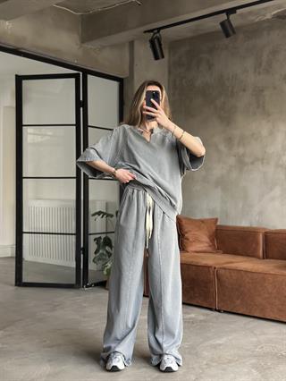 Dantel Detay Yıkamalı Oversize Takım -Gri