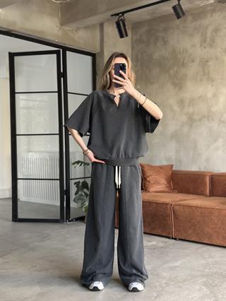 Dantel Detay Yıkamalı Oversize Takım - Siyah