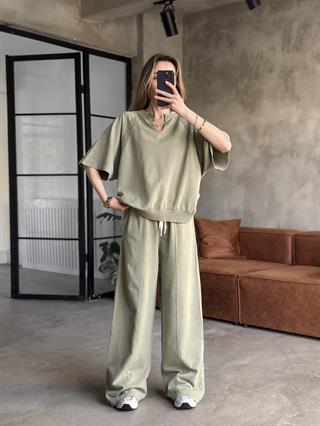 Dantel Detay Yıkamalı Oversize Takım - Yeşil