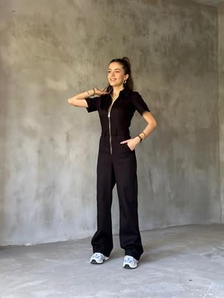 Denim Fermuar Detay Kısa Kollu Tulum - Siyah