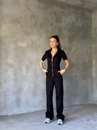 Denim Fermuar Detay Kısa Kollu Tulum - Siyah