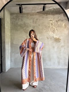 Desenli Renkli Saten Kimono  - Dominatrend