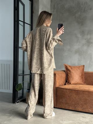 Desenli Tencel Oversize Gömlekli Takım - Krem
