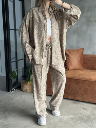 Desenli Tencel Oversize Gömlekli Takım - Krem