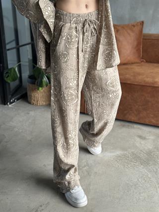 Desenli Tencel Oversize Gömlekli Takım - Krem