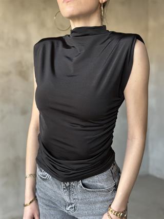 Dik Yaka Vatkalı Sıfır Kol Drape Detaylı Bluz - Siyah