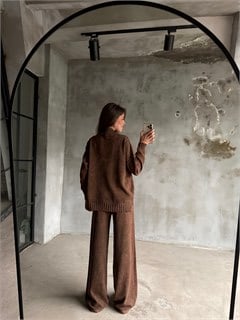 Domi Yıkamalı Triko Takım - Kahverengi