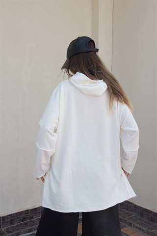 Düğme Detayl Uzun Salaş Sweatshirt - Beyaz