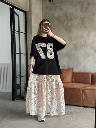 Ekru Dantel Etek Siyah Tshirt Takım