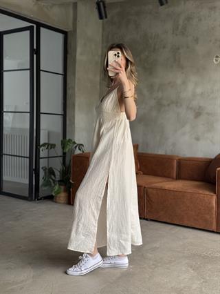 Ekru Lilyana Askılı Müslin Elbise