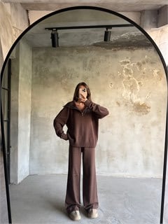 Fermuarlı Boğazlı Triko Takım - Kahverengi