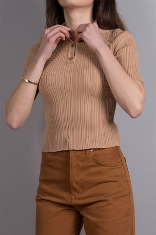 Fitilli Triko Kısa Kollu Top - Camel