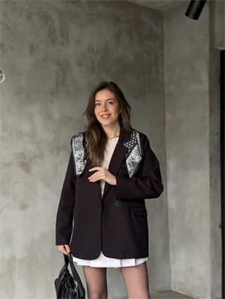 Fularlı Kruvaze Blazer Ceket - Siyah