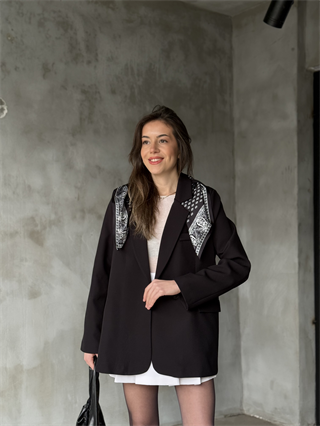 Fularlı Kruvaze Blazer Ceket - Siyah