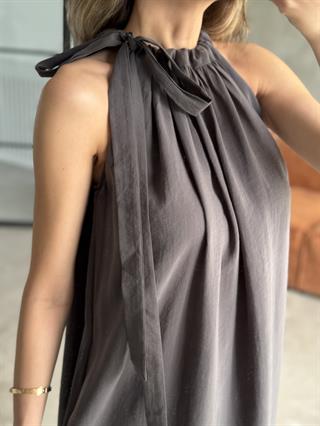 Füme Tencel Cepli Boyundan Büzgülü Maxi Elbise