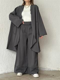 Gabardin Kimono Pantolon İkili Takım - Füme
