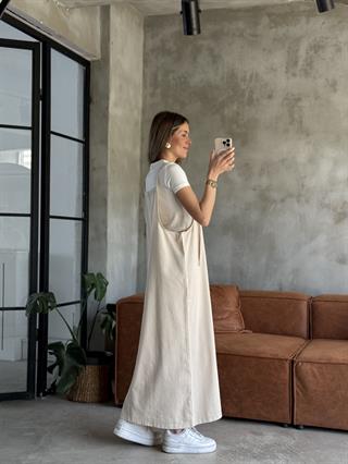 Gabardin Salopet Elbise - Bej