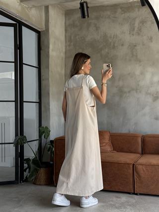 Gabardin Salopet Elbise - Bej