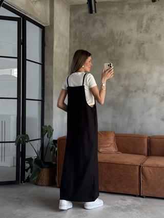 Gabardin Salopet Elbise - Siyah