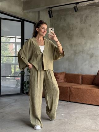 Gofre Bluz Pantalon Takım Yeşil
