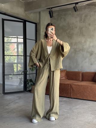 Gofre Bluz Pantalon Takım Yeşil