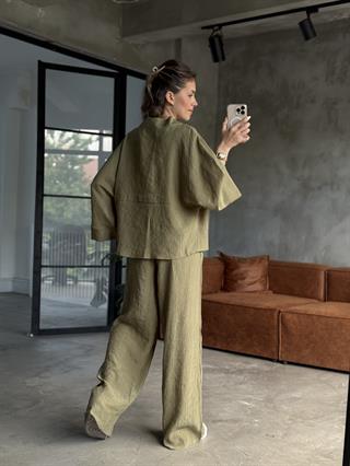 Gofre Bluz Pantalon Takım Yeşil