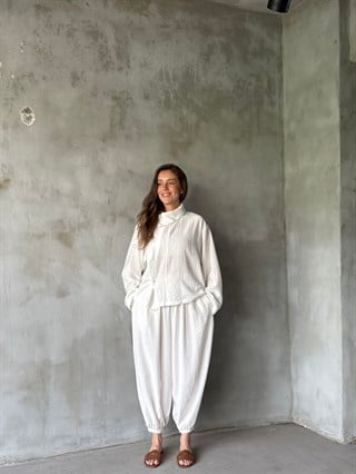Gofre Çilek Kumaş Şalvar Takım - Beyaz - Dominatrend
