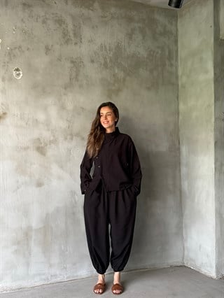 Gofre Çilek Kumaş Şalvar Takım - Siyah - Dominatrend