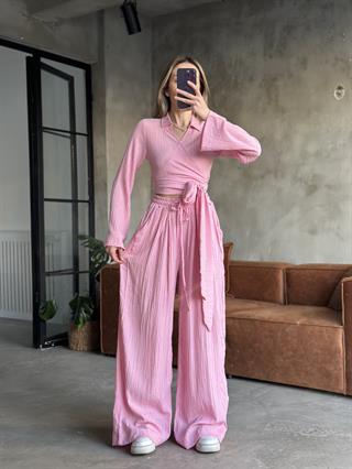 Gofre Salaş Pantolon Kruvaze Bluz Takım- Pembe