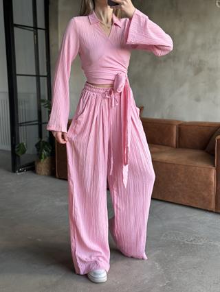 Gofre Salaş Pantolon Kruvaze Bluz Takım- Pembe