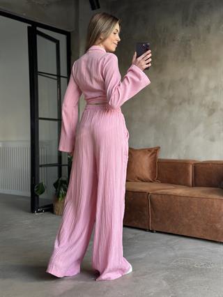 Gofre Salaş Pantolon Kruvaze Bluz Takım- Pembe