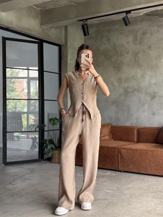 Gofre Yelek Pantolon Takım Camel
