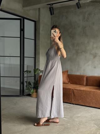Gri Lilyana Askılı Müslin Elbise