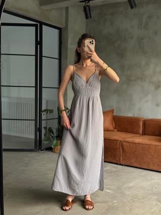 Gri Lilyana Askılı Müslin Elbise