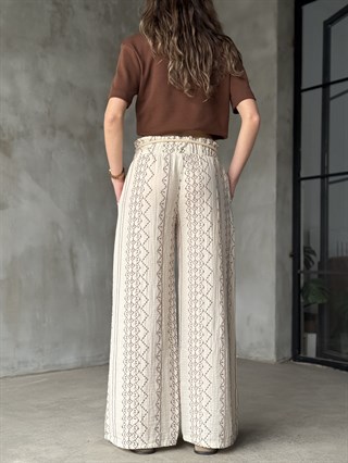 Hasır Kemerli Müslin Nakışlı Pantolon - Krem