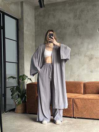 Heny Maxi Kimono Gofre Takım - Gri